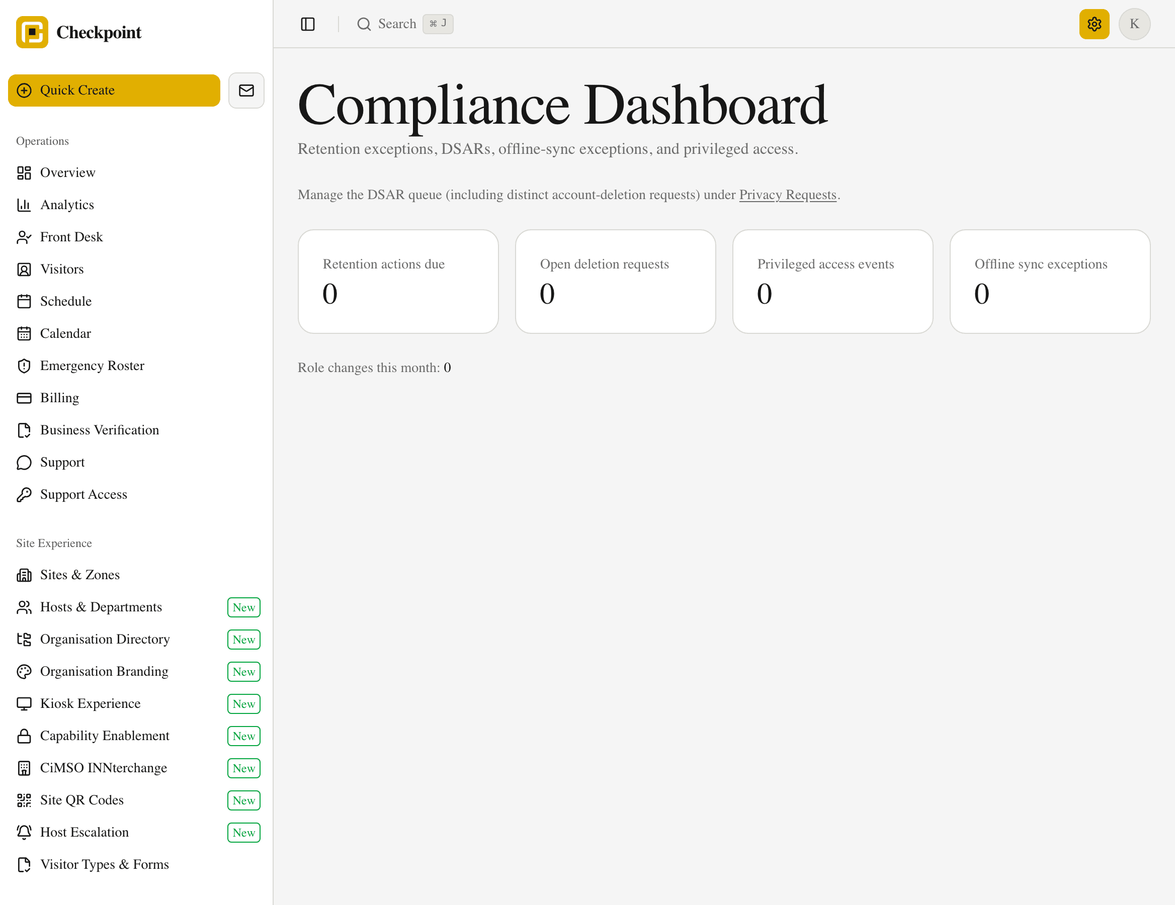 Compliance Dashboard showing retention actions, deletion requests, privileged access events and offline sync exceptions.