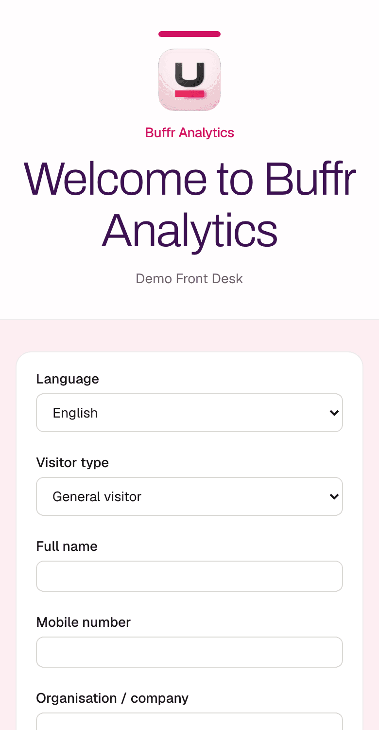 The live Checkpoint check-in page on a guest's phone, with language, visitor type, name and mobile number fields.